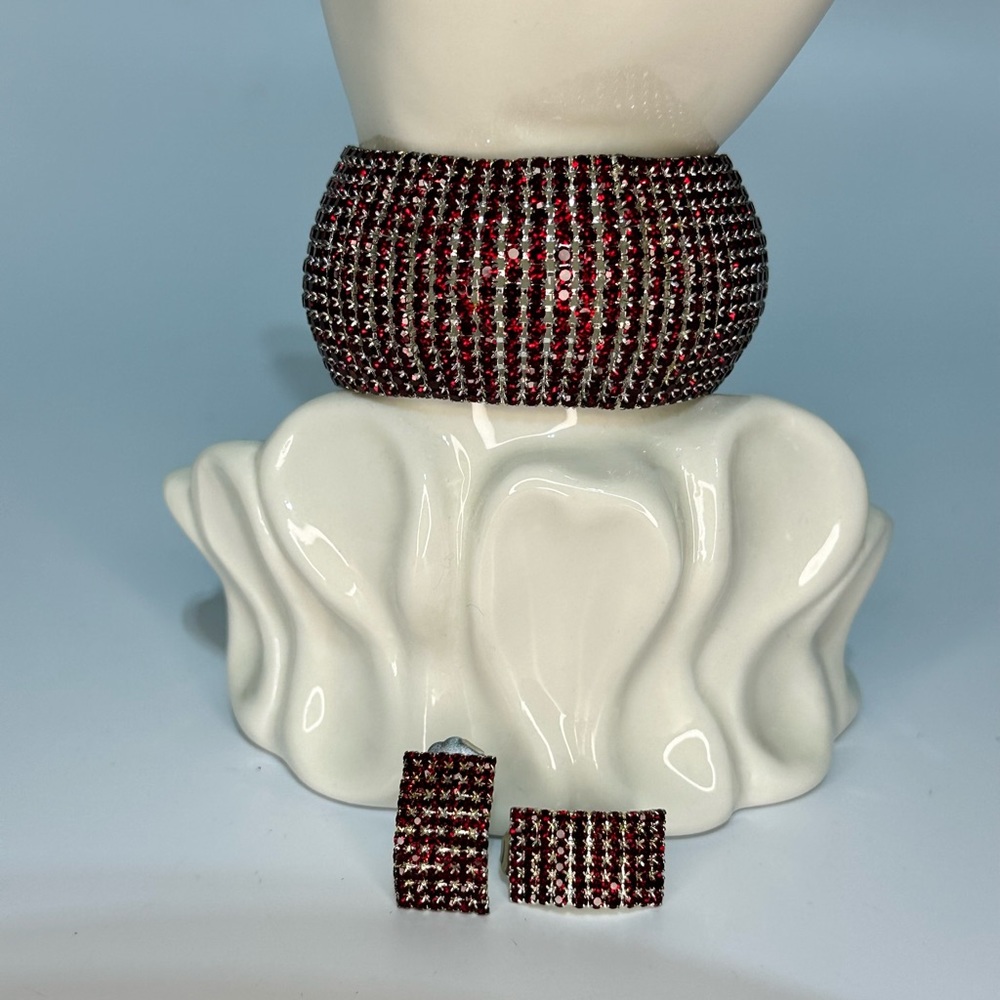 Pronged Red Rhinestone Bracelet and Earring Set